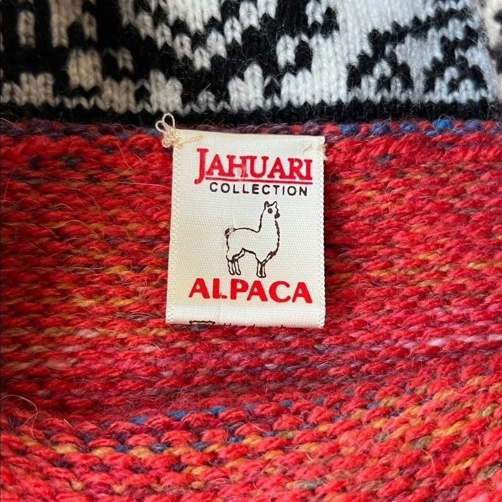Jahuari Alpaca‎ Wool Knit Fair Isle Poncho Sweater Red OS